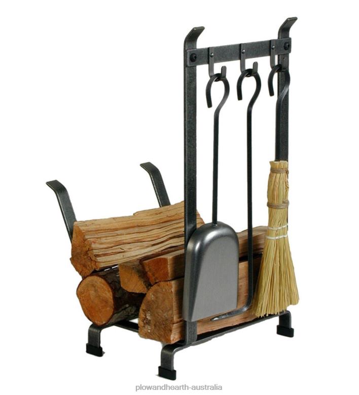 Plow & Hearth American-Made Hammered Steel Country Home Log Rack With Set Of 3 Fireplace Tools P22BD2736 Accessories
