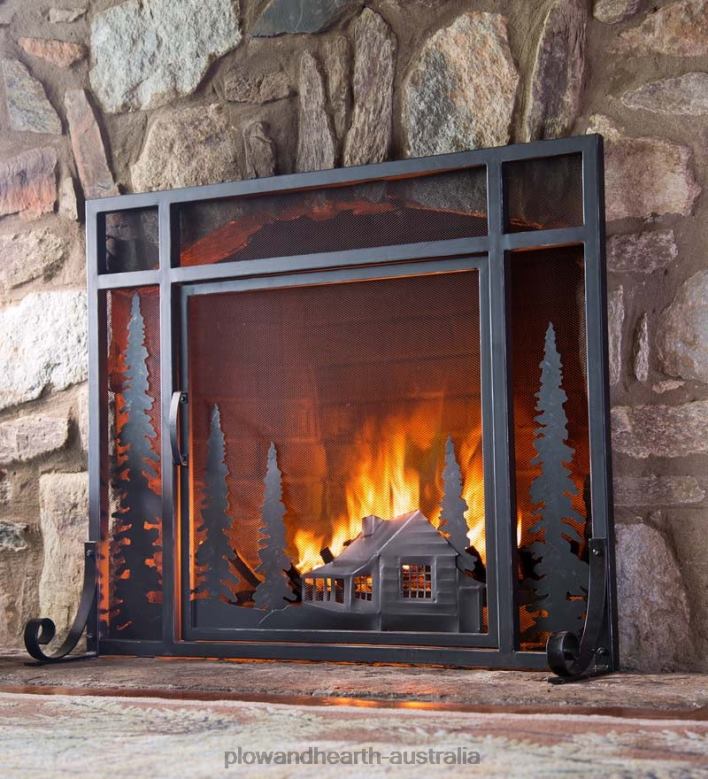 Plow & Hearth Large Mountain Cabin Fire Screen With Door - Black P22BD3246 Fireplace