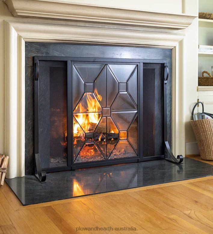 Plow & Hearth Manhattan Tempered Glass Flat Guard Fire Screen, Small - Black P22BD3168 Fireplace
