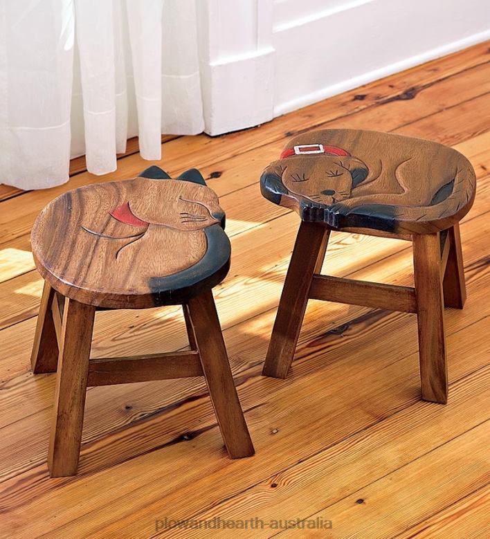 Plow & Hearth Carved Acacia Pet Footstool - Cat P22BD2093 Furniture