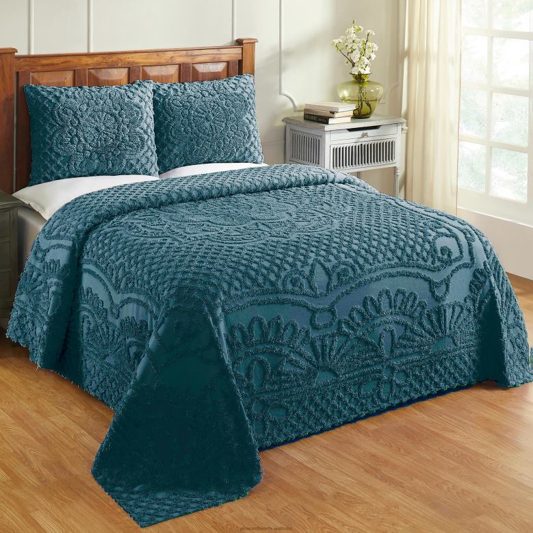Plow & Hearth Jeanine Tufted Cotton Chenille Bedspread with Shams Set - Blue - Full P22BD2651 Houseware