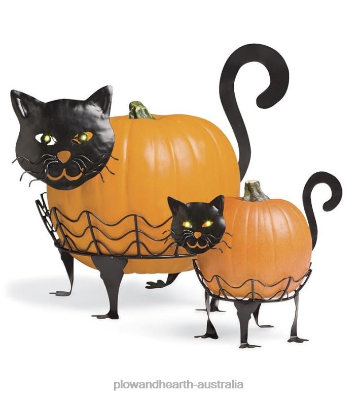 Plow & Hearth Halloween Cat Pumpkin Holders with Green LED Eyes, Set of 2 - Cat P22BD1480 Houseware