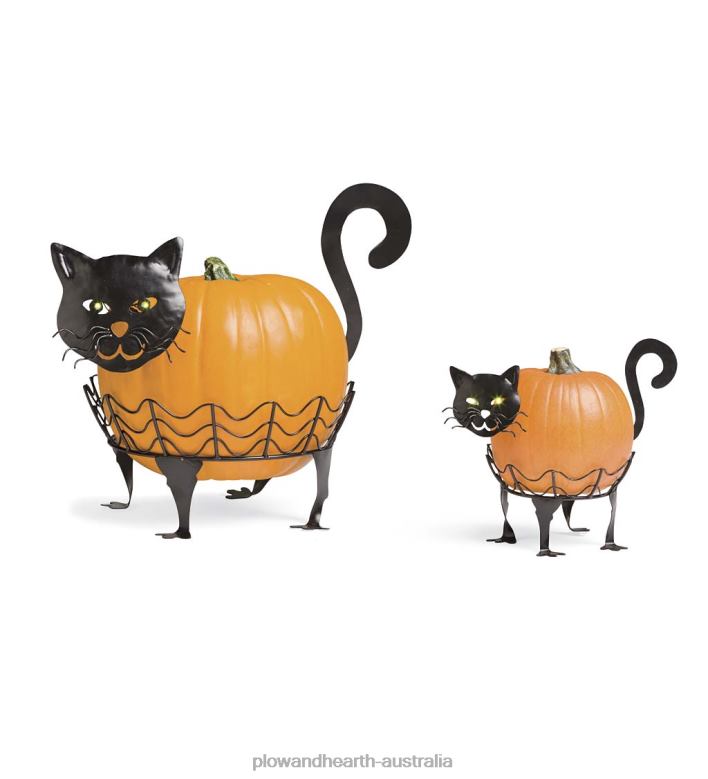 Plow & Hearth Halloween Cat Pumpkin Holders with Green LED Eyes, Set of 2 - Cat P22BD1480 Houseware