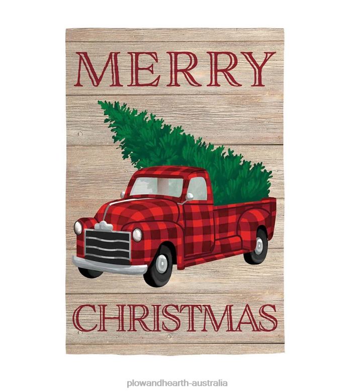 Plow & Hearth Merry Christmas Plaid Truck and Tree Linen House Flag P22BD1492 Houseware