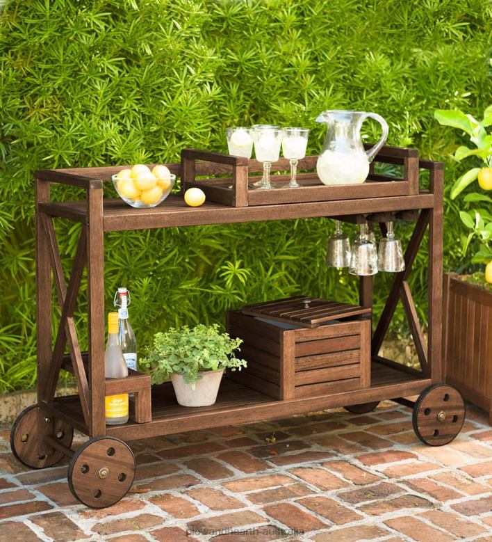 Plow & Hearth Claremont Eucalyptus Rolling Outdoor Bar Cart - Natural P22BD1153 Houseware