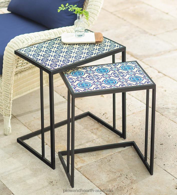Plow & Hearth Handmade Ceramic Tile Nesting Tables, Set of 2 P22BD1108 Houseware