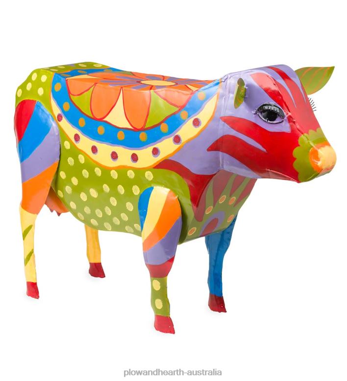 Plow & Hearth Handmade Colorful Painted Folk Art Cow Metal Side Table P22BD1111 Houseware