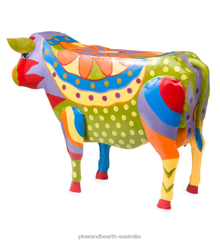 Plow & Hearth Handmade Colorful Painted Folk Art Cow Metal Side Table P22BD1111 Houseware