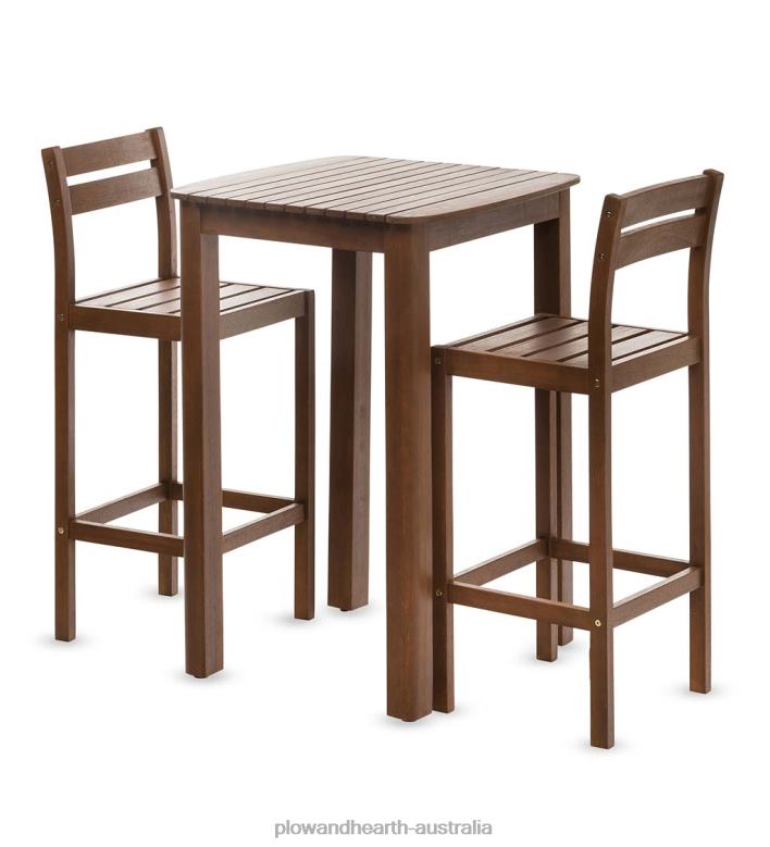 Plow & Hearth Lancaster Eucalyptus Outdoor Bar Set with Table and 2 Bar Stools, 3-Piece Set - Natural P22BD1141 Houseware