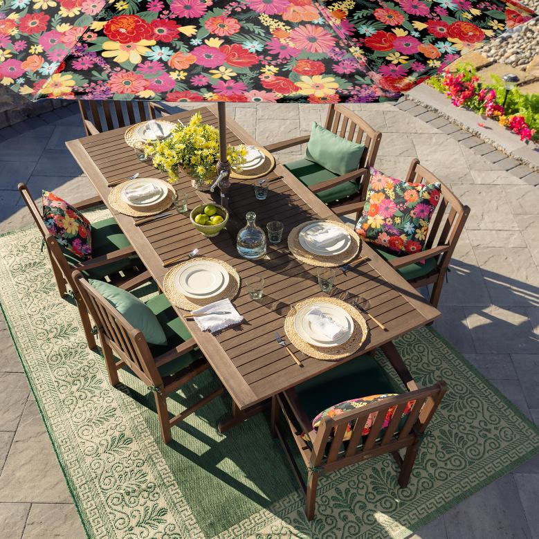 Plow & Hearth Lancaster Outdoor Furniture Collection, Eucalyptus Wood Extension Table and 6 Chairs P22BD1123 Houseware