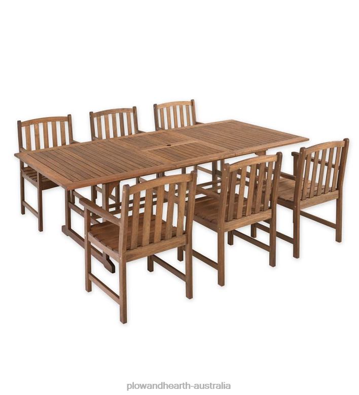 Plow & Hearth Lancaster Outdoor Furniture Collection, Eucalyptus Wood Extension Table and 6 Chairs P22BD1123 Houseware