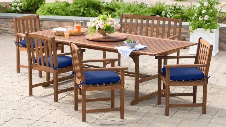 Plow & Hearth Lancaster Outdoor Furniture Collection, Eucalyptus Wood Extension Table and 6 Chairs P22BD1123 Houseware