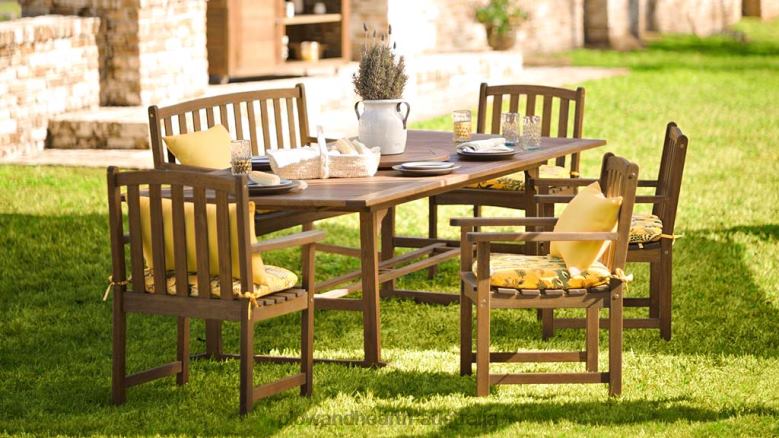 Plow & Hearth Lancaster Outdoor Furniture Collection, Eucalyptus Wood Extension Table and 6 Chairs P22BD1123 Houseware