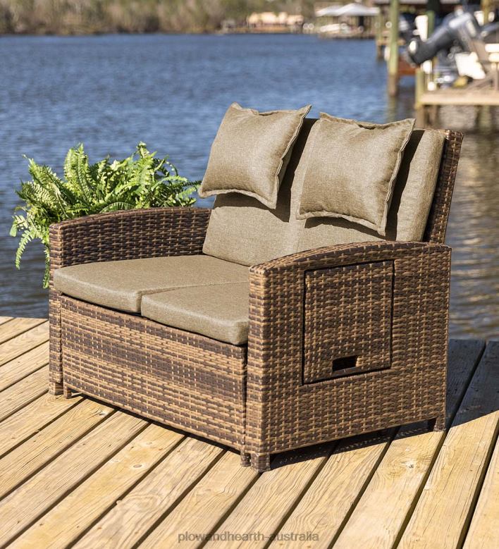 Plow & Hearth Multi-Functional Outdoor Wicker Love Seat Chaise Lounger with Taupe Cushions P22BD1083 Houseware