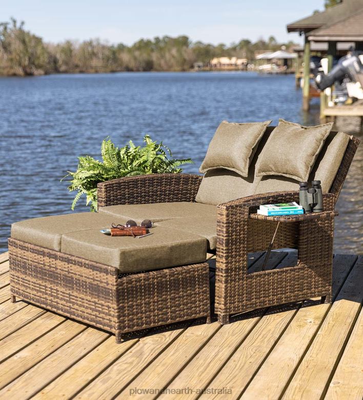 Plow & Hearth Multi-Functional Outdoor Wicker Love Seat Chaise Lounger with Taupe Cushions P22BD1083 Houseware