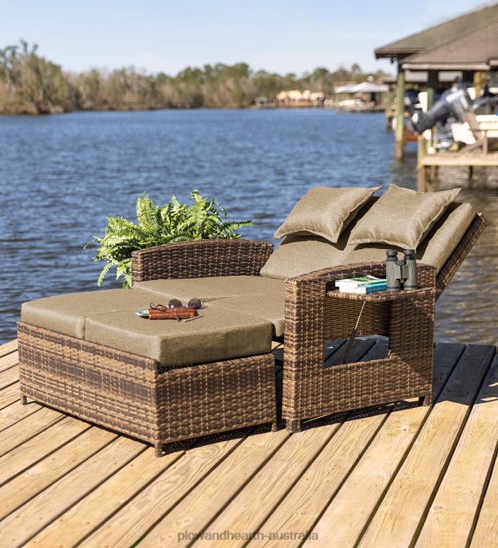 Plow & Hearth Multi-Functional Outdoor Wicker Love Seat Chaise Lounger with Taupe Cushions P22BD1083 Houseware