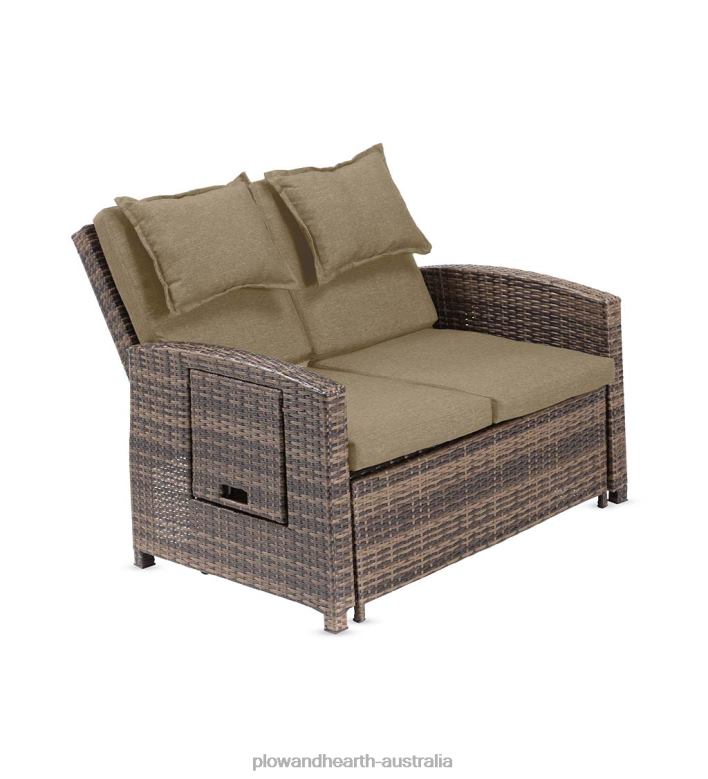 Plow & Hearth Multi-Functional Outdoor Wicker Love Seat Chaise Lounger with Taupe Cushions P22BD1083 Houseware