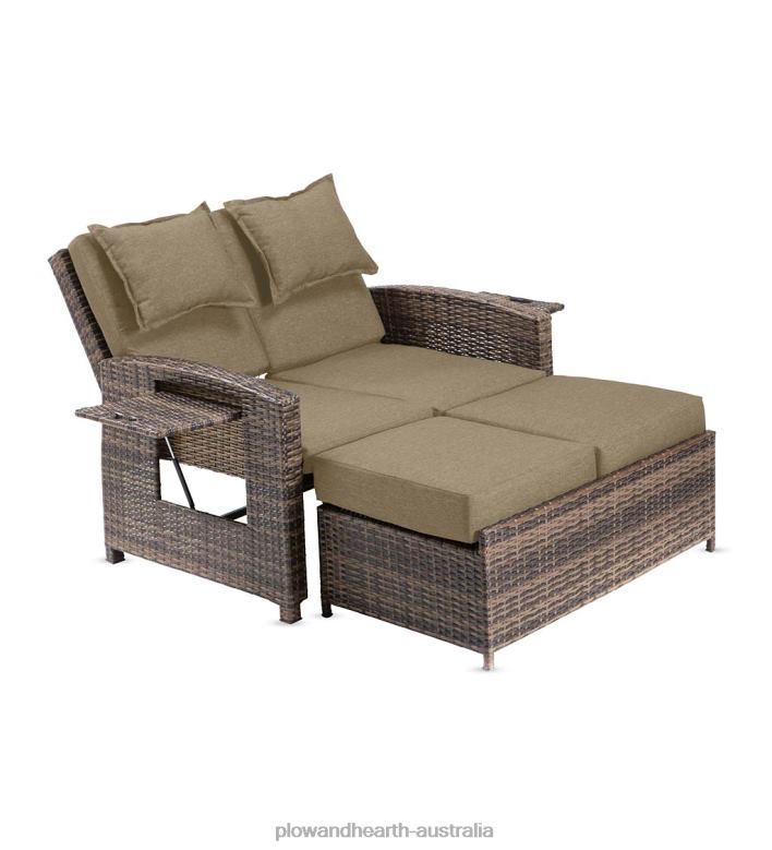 Plow & Hearth Multi-Functional Outdoor Wicker Love Seat Chaise Lounger with Taupe Cushions P22BD1083 Houseware