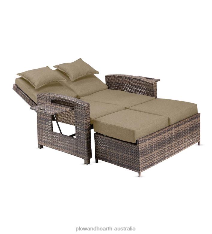 Plow & Hearth Multi-Functional Outdoor Wicker Love Seat Chaise Lounger with Taupe Cushions P22BD1083 Houseware