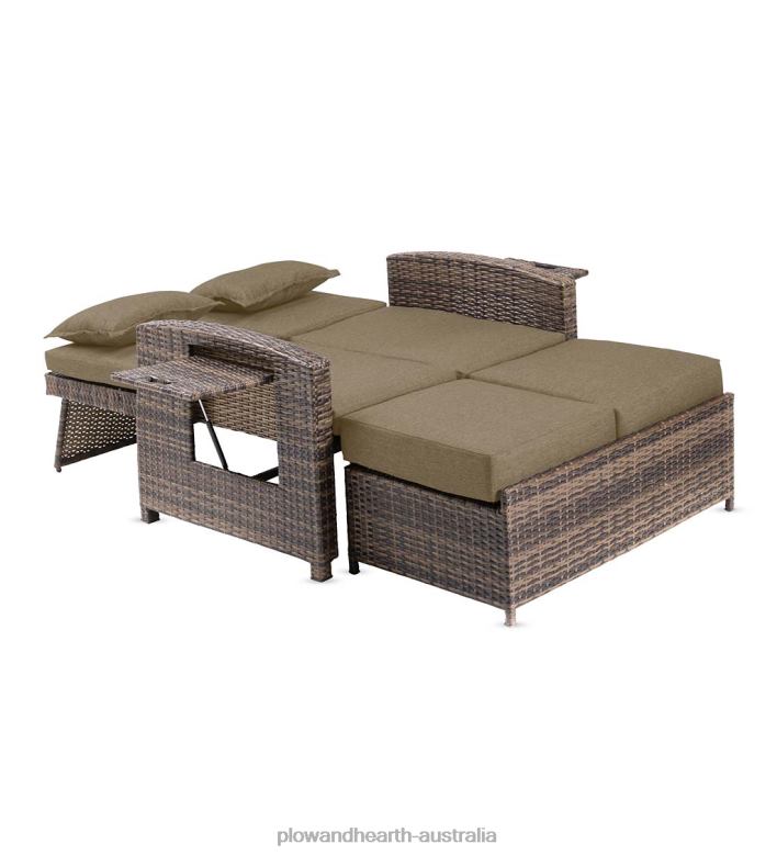 Plow & Hearth Multi-Functional Outdoor Wicker Love Seat Chaise Lounger with Taupe Cushions P22BD1083 Houseware