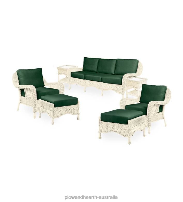 Plow & Hearth Prospect Hill Outdoor Wicker Deep Seating Sofa Set with Cushions - Cloud White with Forest Green Cushions P22BD1078 Houseware