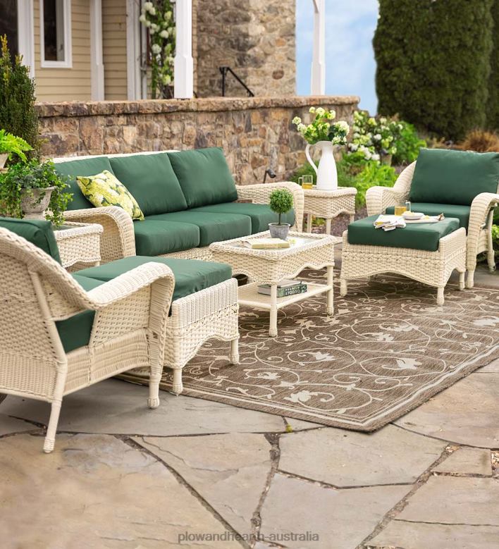 Plow & Hearth Prospect Hill Outdoor Wicker Deep Seating Sofa Set with Cushions - Cloud White with Forest Green Cushions P22BD1078 Houseware