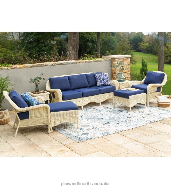 Plow & Hearth Prospect Hill Outdoor Wicker Deep Seating Sofa Set with Cushions - Cloud White with Forest Green Cushions P22BD1078 Houseware
