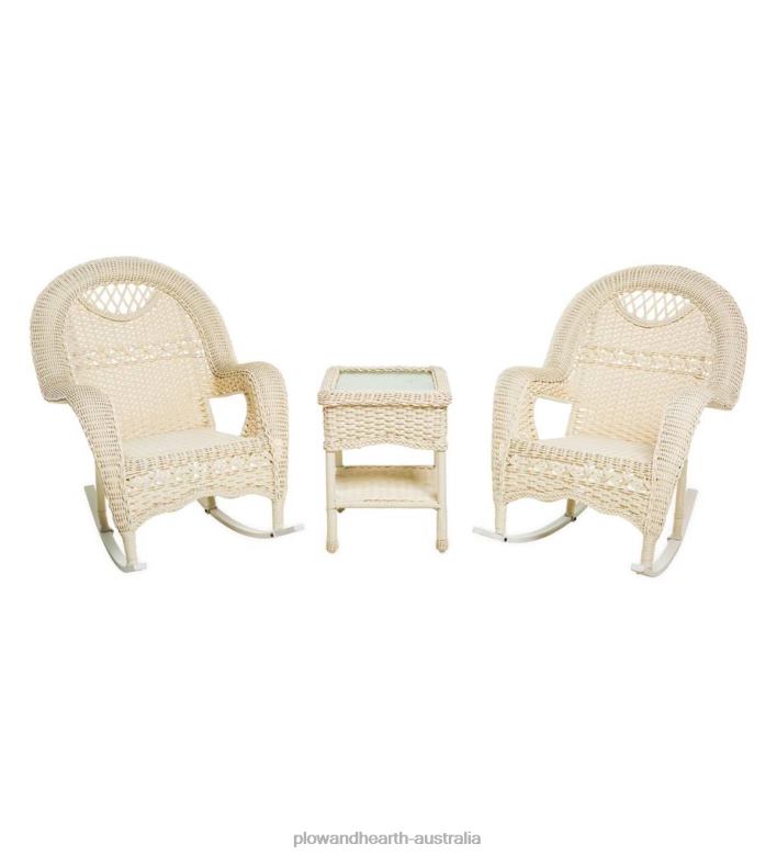 Plow & Hearth Prospect Hill Wicker Set of Two Rocking Chairs and End Table - Cloud White P22BD1117 Houseware