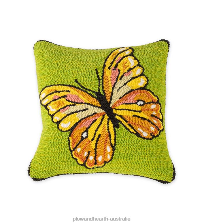 Plow & Hearth Indoor/Outdoor Green Butterfly Hand Hooked Polypropylene Throw Pillow P22BD1265 Houseware
