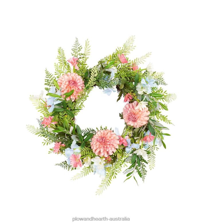 Plow & Hearth Dahlia and Fern Faux Floral Wreath P22BD1656 Houseware