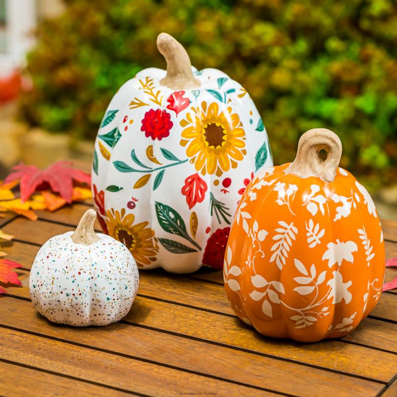 Plow & Hearth Indoor/Outdoor Printed Ceramic Pumpkins, Set of 3 P22BD2381 Houseware