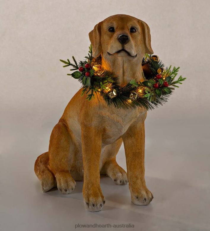 Plow & Hearth Yellow Labrador Statue with Removable Lighted Holiday Wreath P22BD1693 Houseware