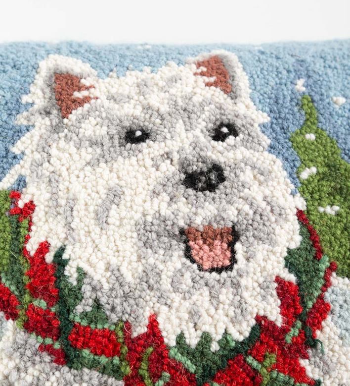 Plow & Hearth Holiday Westie with Scarf Hand-Hooked Wool Throw Pillow P22BD2264 Seasonal & Gifts