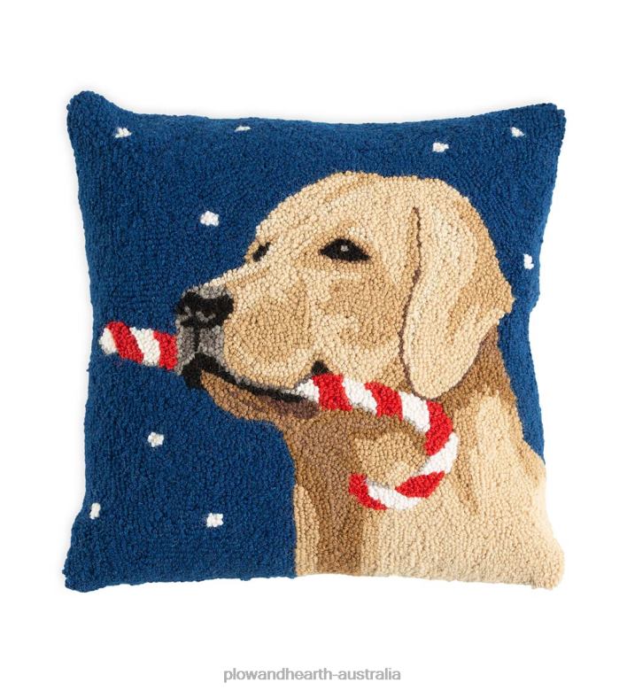 Plow & Hearth Holiday Yellow Lab with Candy Cane Hand-Hooked Wool Throw Pillow P22BD2186 Seasonal & Gifts