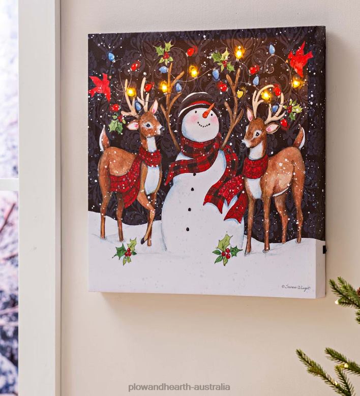 Plow & Hearth Lighted Snowman And Reindeer Wall Art Canvas P22BD2218 Seasonal & Gifts