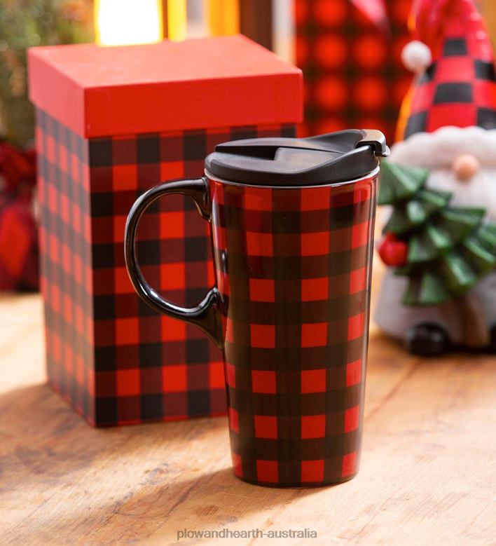 Plow & Hearth Red & Black Buffalo Plaid 17 oz. Ceramic Travel Cup With Gift Box P22BD3012 Seasonal & Gifts