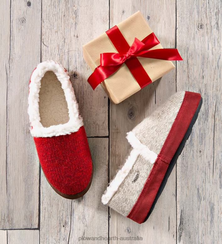 Plow & Hearth Acorn Women's Moc Ragg Slippers - Red Ragg Wool - M(6-1/2-7-1/2) P22BD3029 Seasonal & Gifts