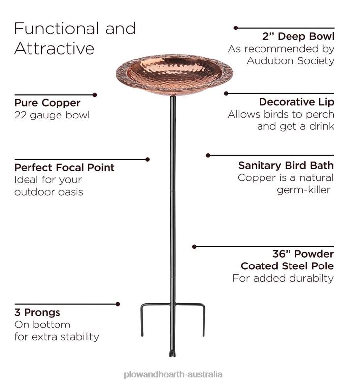 Plow & Hearth Pure Copper Birdbath on Powder-Coated Steel Pole With Sturdy Three-Prong Stake P22BD830 Yard & Garden