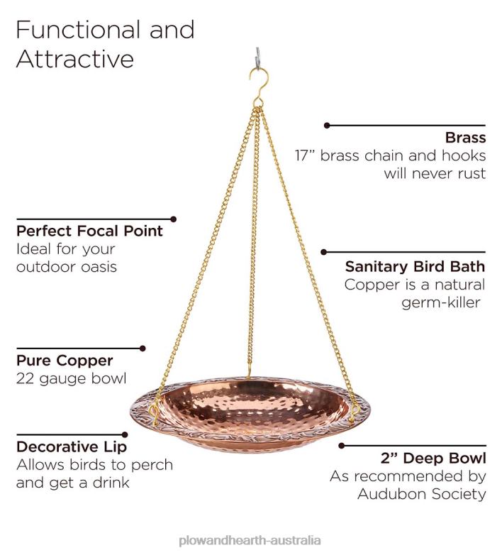 Plow & Hearth Pure Copper Hanging Birdbath on 17Long Brass Chain with Hook P22BD852 Yard & Garden