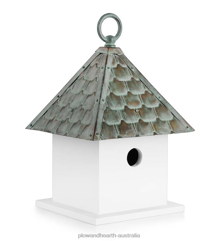 Plow & Hearth Hardwood Bungalow Birdhouse with Verdigris Copper Roof P22BD886 Yard & Garden