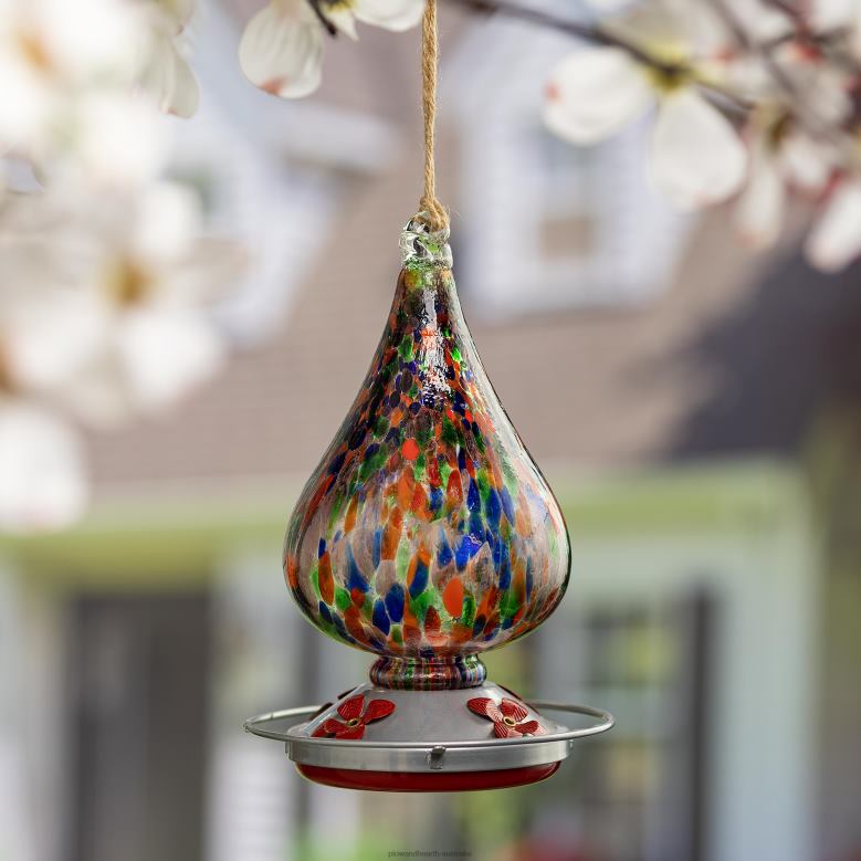 Plow & Hearth Speckled Art Glass Hummingbird Feeder P22BD790 Yard & Garden