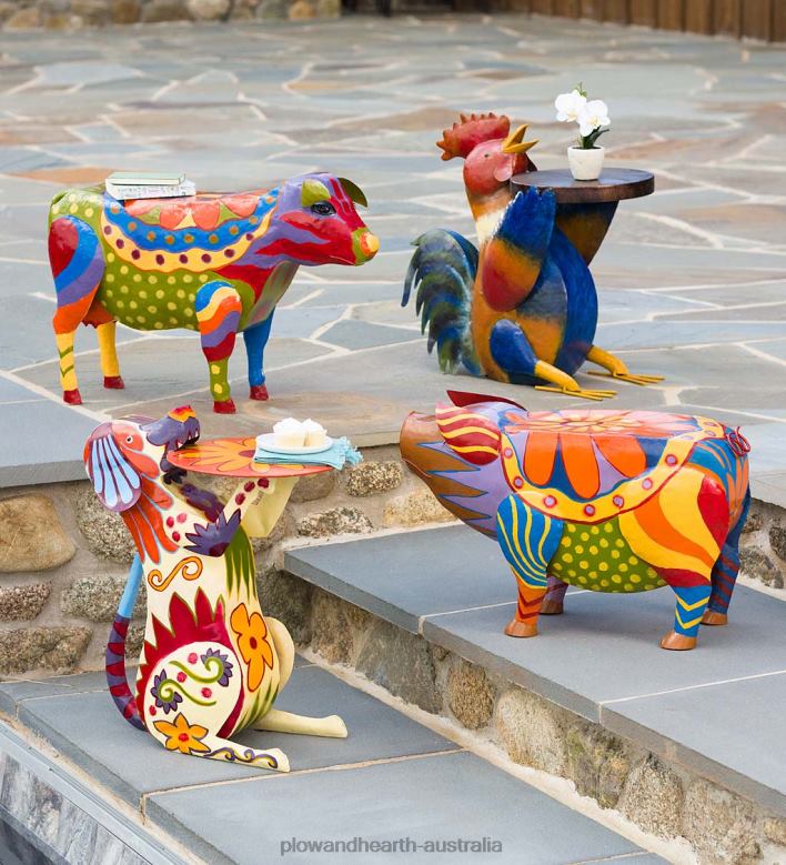 Plow & Hearth Colorful Folk Art Pig Side Table P22BD173 Yard & Garden