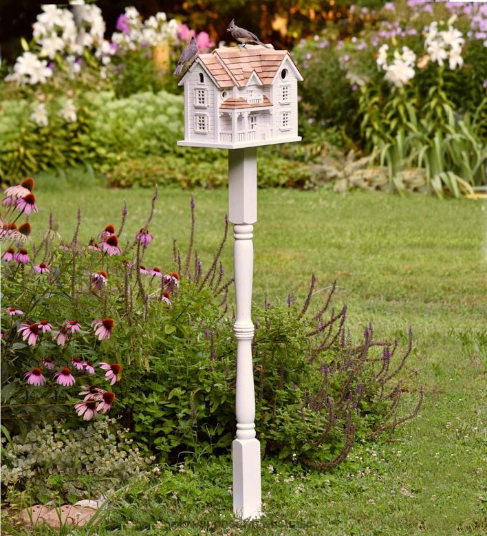 Plow & Hearth Kingsgate Cottage Lighted Birdhouse and Pedestal Pole Set P22BD80 Yard & Garden