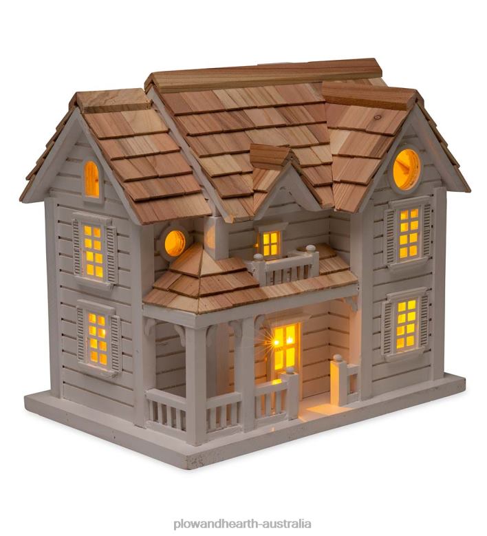 Plow & Hearth Kingsgate Cottage Lighted Birdhouse and Pedestal Pole Set P22BD80 Yard & Garden