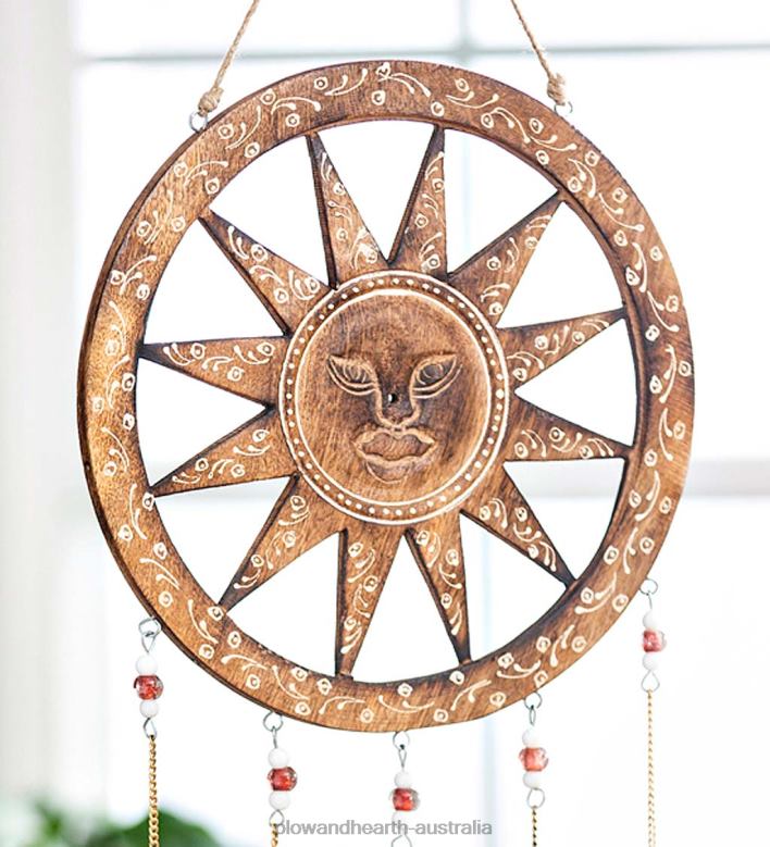 Plow & Hearth Wooden Sun Dreamcatcher Wind Chime with Bells P22BD314 Yard & Garden