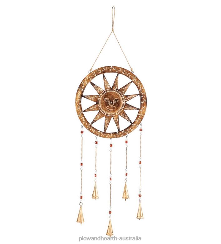 Plow & Hearth Wooden Sun Dreamcatcher Wind Chime with Bells P22BD314 Yard & Garden