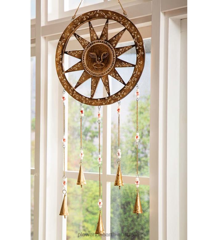 Plow & Hearth Wooden Sun Dreamcatcher Wind Chime with Bells P22BD314 Yard & Garden