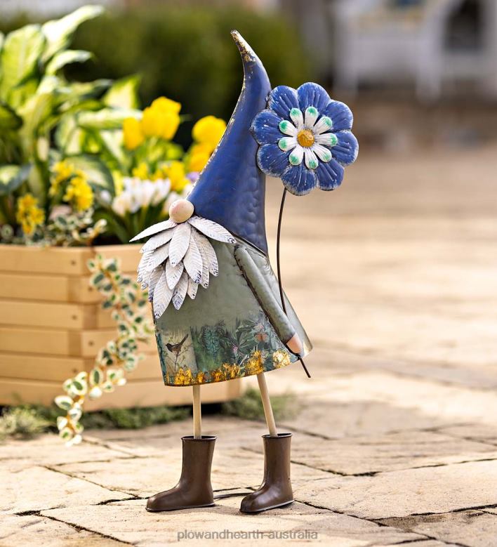 Plow & Hearth Metal Blue Flower Gnome Statue P22BD290 Yard & Garden