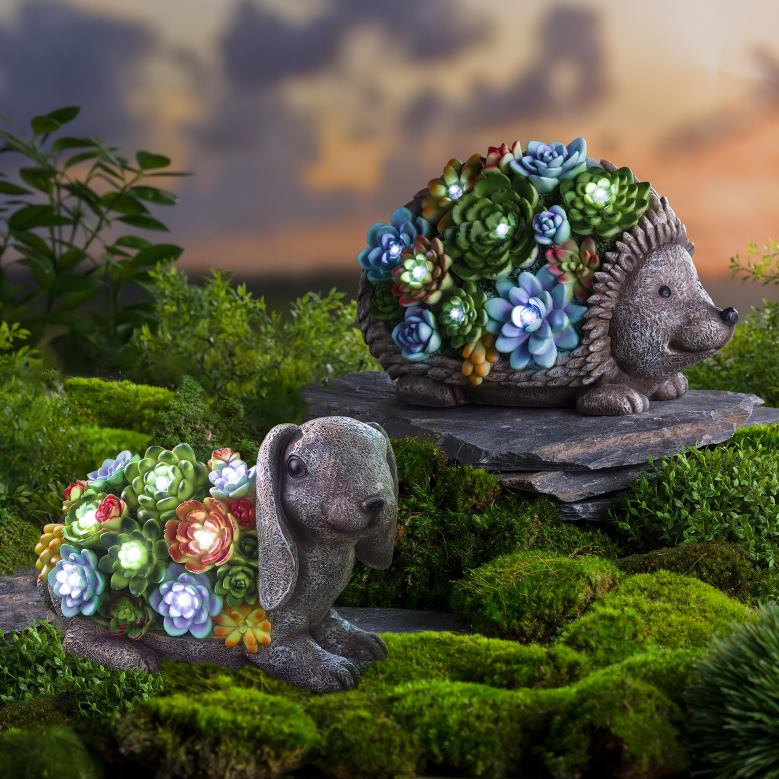 Plow & Hearth Solar Lighted Succulent Resin Animal Garden Statue - Hedgehog P22BD221 Yard & Garden