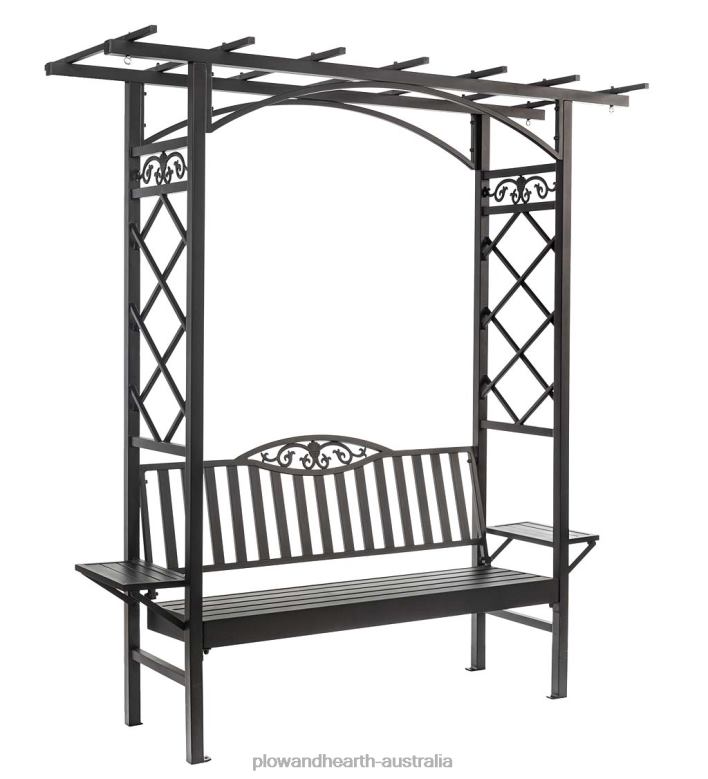 Plow & Hearth Cast Aluminum Arbor Bench Pergola with Side Tables - Black P22BD496 Yard & Garden